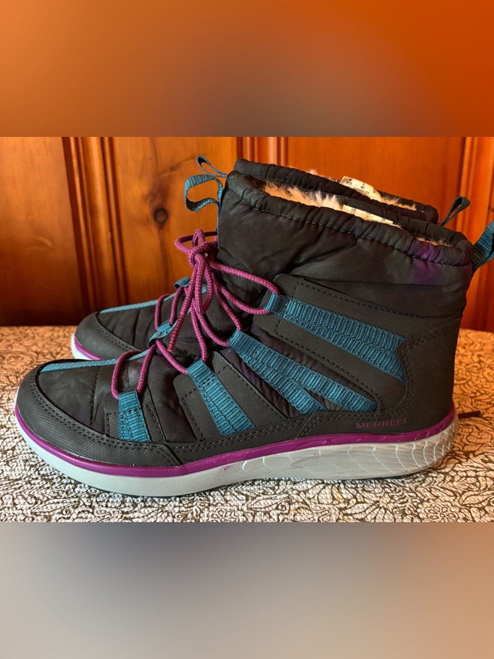 Merrell Women's Black Winter Boot with Teal Straps and Purple Accents